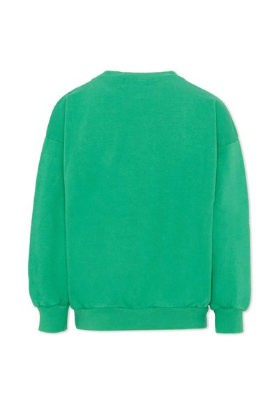 Felpa a maniche lunghe di un verde brillante uniforme con polsini, orlo e scollo rotondo a costine, mostrata di spalle su uno sfondo bianco.