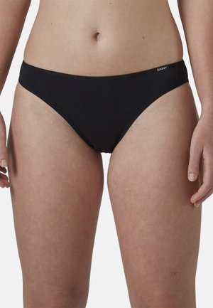 Braguitas de bikini negras con diseño de tiro bajo. Fabricadas con tela suave, presentan costuras mínimas y un pequeño logo en la cinturilla.