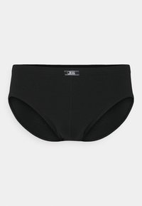 Schwarze Baumwollunterwäsche mit nahtlosem Design, ausgestattet mit einem einfachen Bund und einem kleinen Logokennzeichen in der Mitte auf der Vorderseite.