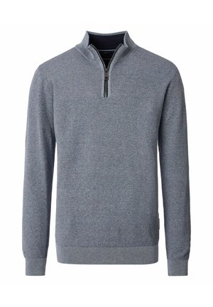 Herren Langarm-Grauer Strickpullover mit strukturiertem Muster und einem Viertel-Reißverschluss-Kragen, gerippten Bündchen und Saum.