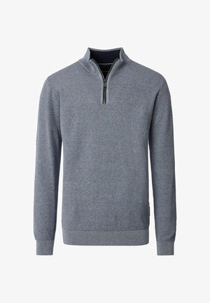 Grijze gebreide herenlongsleeve trui met textuurpatroon en een kwart-rits kraag, geribbelde manchetten en zoom.