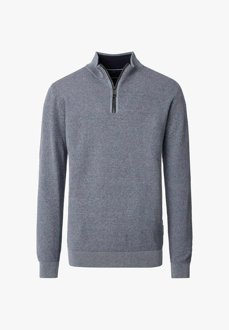 Herren Langarm-Grauer Strickpullover mit strukturiertem Muster und einem Viertel-Reißverschluss-Kragen, gerippten Bündchen und Saum.