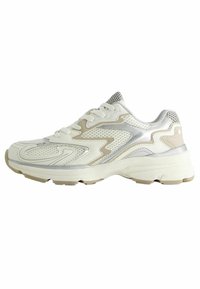 White athletic shoe with silver accents, mesh panels, textured overlays, and rubber sole. Features rounded toe and lace-up front.