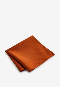 Rustrød silk lomme håndklæde, pænt foldet. Glat tekstur med en subtil glans, der har rullede kanter for en elegant finish.