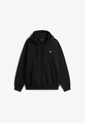 Czarna bluza z kapturem na suwak, z kieszenią kangurką, wykonana z miękkiego materiału. Posiada kaptur ze sznurkiem i małe białe logo na piersi.