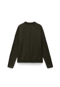 Maglione a maglia verde scuro con colletto, polsini e orlo a costine, caratterizzato da motivi a costine testurizzati sulle maniche e sul pannello centrale della schiena.