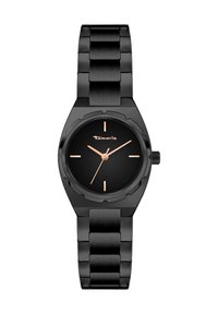 Schwarze analoge Uhr mit rundem Gehäuse, schwarzem Metallarmband und roségoldenen Stundenmarkierungen. Verfügt über eine strukturierte Lünette und einen auffälligen Stundenzeiger.