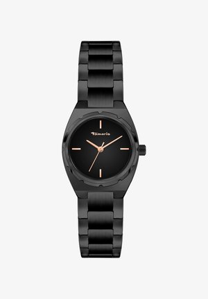 Schwarze analoge Uhr mit rundem Gehäuse, schwarzem Metallarmband und roségoldenen Stundenmarkierungen. Verfügt über eine strukturierte Lünette und einen auffälligen Stundenzeiger.