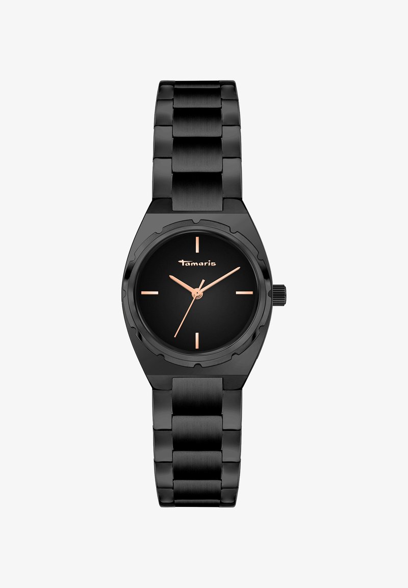 Schwarze analoge Uhr mit rundem Gehäuse, schwarzem Metallarmband und roségoldenen Stundenmarkierungen. Verfügt über eine strukturierte Lünette und einen auffälligen Stundenzeiger.