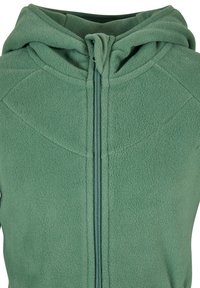Felpa verde in pile con zip frontale, caratterizzata da una morbida texture, cappuccio e dettagli di cucitura sottili. Design leggero e casual.