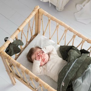 Rieten wieg met een zacht, bedrukt matras; een baby in een lichtkleurige romper ligt te rusten, bedekt met een donkergroene deken met bloemaccenten.