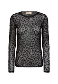 Schwarzes Mesh-Oberteil mit langen Ärmeln und einem wiederholten Logomuster. Das Shirt hat einen runden Ausschnitt und kontrastierende Besätze an den Ärmeln und am Saum.