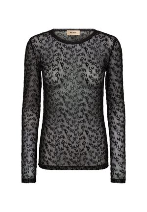 Schwarzes Mesh-Oberteil mit langen Ärmeln und einem wiederholten Logomuster. Das Shirt hat einen runden Ausschnitt und kontrastierende Besätze an den Ärmeln und am Saum.