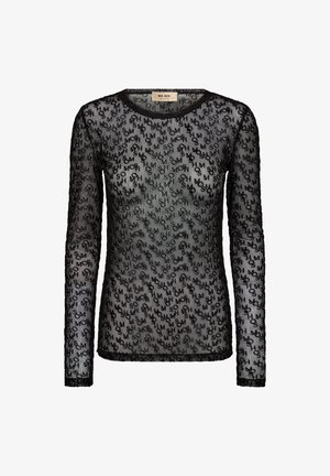 Schwarzes Mesh-Oberteil mit langen Ärmeln und einem wiederholten Logomuster. Das Shirt hat einen runden Ausschnitt und kontrastierende Besätze an den Ärmeln und am Saum.