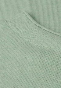 Jasnozielona dzianinowa tkanina swetra z prążkowanym teksturem i okrągłym dekoltem, o miękkiej, gładkiej powierzchni. Brak widocznych wzorów lub akcentów.