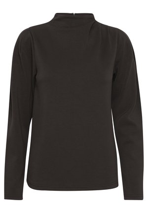 Maglia a maniche lunghe marrone scuro con collo alto, texture morbida, spalle plissettate e chiusura con zip sul retro, con una silhouette aderente.