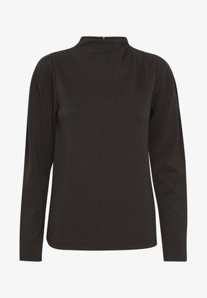 Dark brown long-sleeve top with a mock neck, soft texture, pleated shoulders, and a zipper closure at the back, featuring a fitted silhouette.
