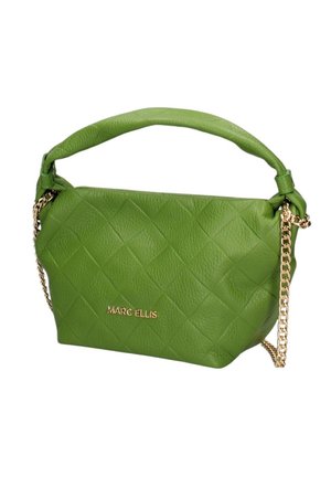 Sac à main vert en cuir matelassé avec poignée rembourrée, bandoulière en chaîne dorée et marque "MARC ELLIS" à l'avant.