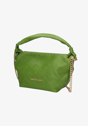 Sac à main vert en cuir matelassé avec poignée rembourrée, bandoulière en chaîne dorée et marque "MARC ELLIS" à l'avant.