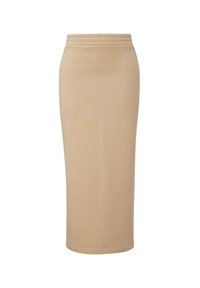 Beige, knielange rok van zachte, rekbare stof. Voorzien van een elastische tailleband en een eenvoudig, recht ontwerp zonder patronen.