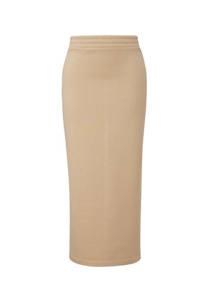 Beige, knielanger Rock aus weichem, dehnbarem Material. Er hat einen elastischen Bund und ein einfaches, gerades Design ohne Muster.