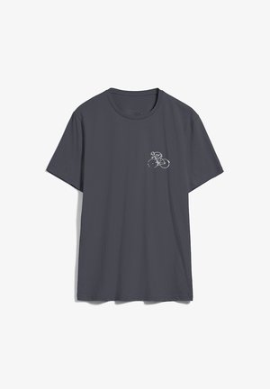 Camiseta de algodón gris oscuro con mangas cortas y cuello redondo, con un gráfico de bicicleta en gris claro en la zona del pecho izquierda.