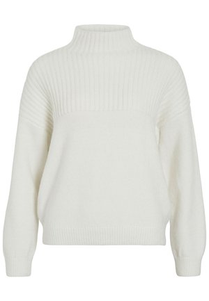 Puhány fehér anyagból készült pulóver, magas bordás gallérral és textúrázott felső résszel. Laza szabású, bordás mandzsettákkal és szegéllyel.