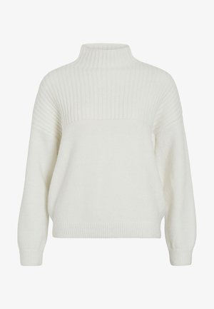 Puhány fehér anyagból készült pulóver, magas bordás gallérral és textúrázott felső résszel. Laza szabású, bordás mandzsettákkal és szegéllyel.