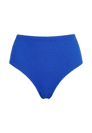 Parte inferior de bikini azul de talle alto con textura y un sutil patrón de gofre, diseñada para trajes de baño.