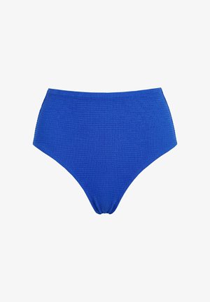 Parte inferior de bikini azul de talle alto con textura y un sutil patrón de gofre, diseñada para trajes de baño.
