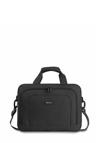 Bolsa para portátil negra hecha de tejido duradero. Cuenta con asas dobles en la parte superior, una correa de hombro ajustable y un bolsillo frontal con cremallera.