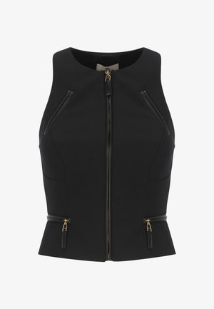 Top nero senza maniche con scollatura alta, vestibilità aderente, dettagli in pelle e zip dorate sulla parte anteriore e laterale.