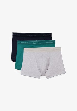 Calvin Klein herre boksershorts i marineblå, teal og lysegrå, med elastiske linninger som har merkets navn og et glatt, elastisk stoff.