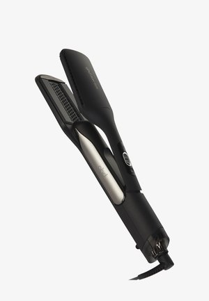 Zwart-zilveren haarstijlapparaat met digitaal bedieningspaneel en geventileerde verwarmingsplaten, snoer bevestigd aan de basis.