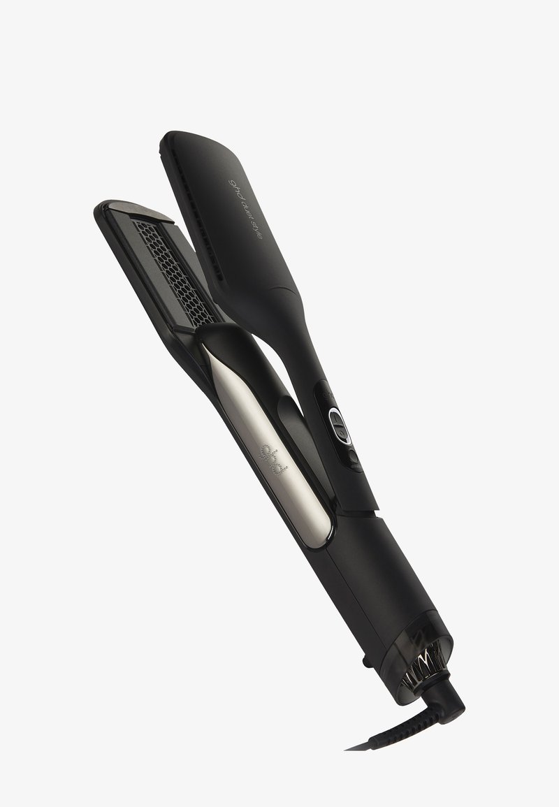 Lisseur à cheveux noir et argent avec panneau de commande numérique et plaques chauffantes ventilées, cordon attaché à la base.