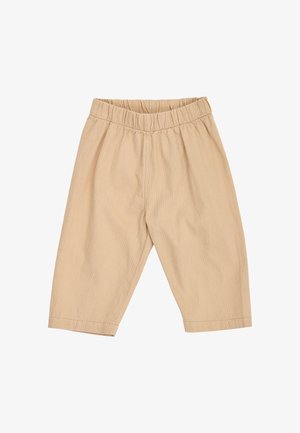 Beige peuterbroek met elastische tailleband en rechte pijpen, gemaakt van zachte, gestructureerde stof.