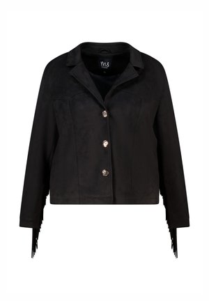 Zwarte jas van nep-suède met een kraag, sluiting met vijf knopen en franjes op de mouwen. Heeft een gladde textuur en een getailleerde pasvorm.