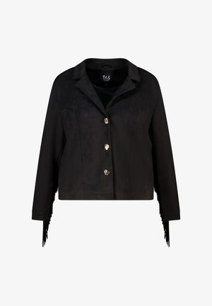 Zwarte jas van nep-suède met een kraag, sluiting met vijf knopen en franjes op de mouwen. Heeft een gladde textuur en een getailleerde pasvorm.