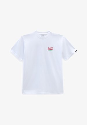Hvid Vans T-shirt med rødt Vans-logo, ternet flag og grønt "Siden 1966" tekst på venstre bryst, korte ærmer, rund hals.