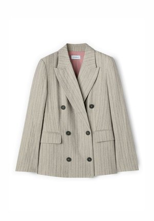 Doppelreihiges Blazer aus hellgrauem Stoff mit feinen vertikalen Streifen, ausgestattet mit zwei Vorderaschen und schwarzen Knöpfen. Futter in Pink.