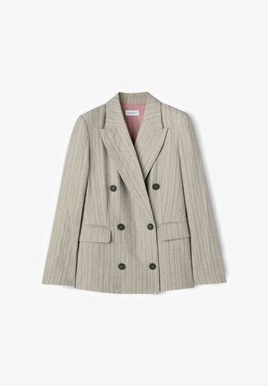 Doppelreihiges Blazer aus hellgrauem Stoff mit feinen vertikalen Streifen, ausgestattet mit zwei Vorderaschen und schwarzen Knöpfen. Futter in Pink.