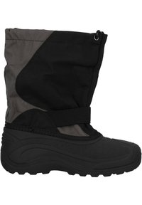 Bota de invierno impermeable en negro y gris con suela de goma texturizada, parte superior ajustable y correa de Velcro para un ajuste seguro. Superior de textil ligero.
