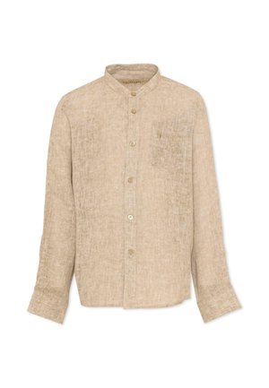 Chemise beige en lin à manches longues, col mandarin, boutons sur le devant et une poche poitrine avec un petit logo brodé.