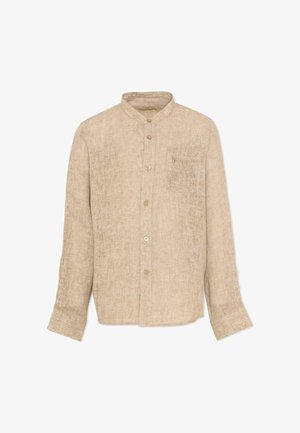 Beige linnen overhemd met lange mouwen, mandarijnkraag, knopen aan de voorkant en een borstzakje met een klein geborduurd logo.