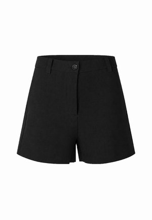 Sorte shorts med høj talje med bæltestropper, knaplukning og frontlynlås, vist mod en hvid baggrund.