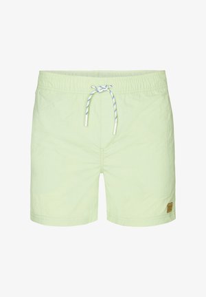 Lichtgroene zwembroek gemaakt van lichtgewicht stof, met een trekkoord met blauwe en witte patronen en een klein bruin logo-patch.