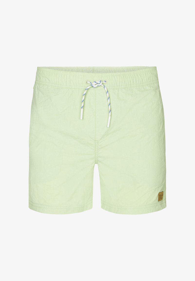 Lichtgroene zwembroek gemaakt van lichtgewicht stof, met een trekkoord met blauwe en witte patronen en een klein bruin logo-patch.