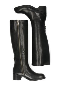 Botas de cuero negras hasta la rodilla con punta redonda, detalle de cremallera lateral, tacón grueso y textura suave, con un diseño minimalista.