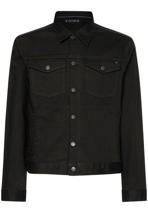 Veste en denim noire avec fermeture à boutons, deux poches poitrine à rabat avec boutons, poches latérales et col classique.