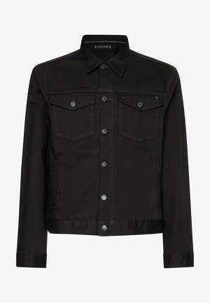 Schwarze Jeansjacke mit Knopfleiste, zwei Brustklappentaschen mit Knöpfen, Seitentaschen und klassischem Kragen.